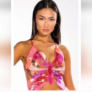 Sequin Butterfly Halter Crop Top